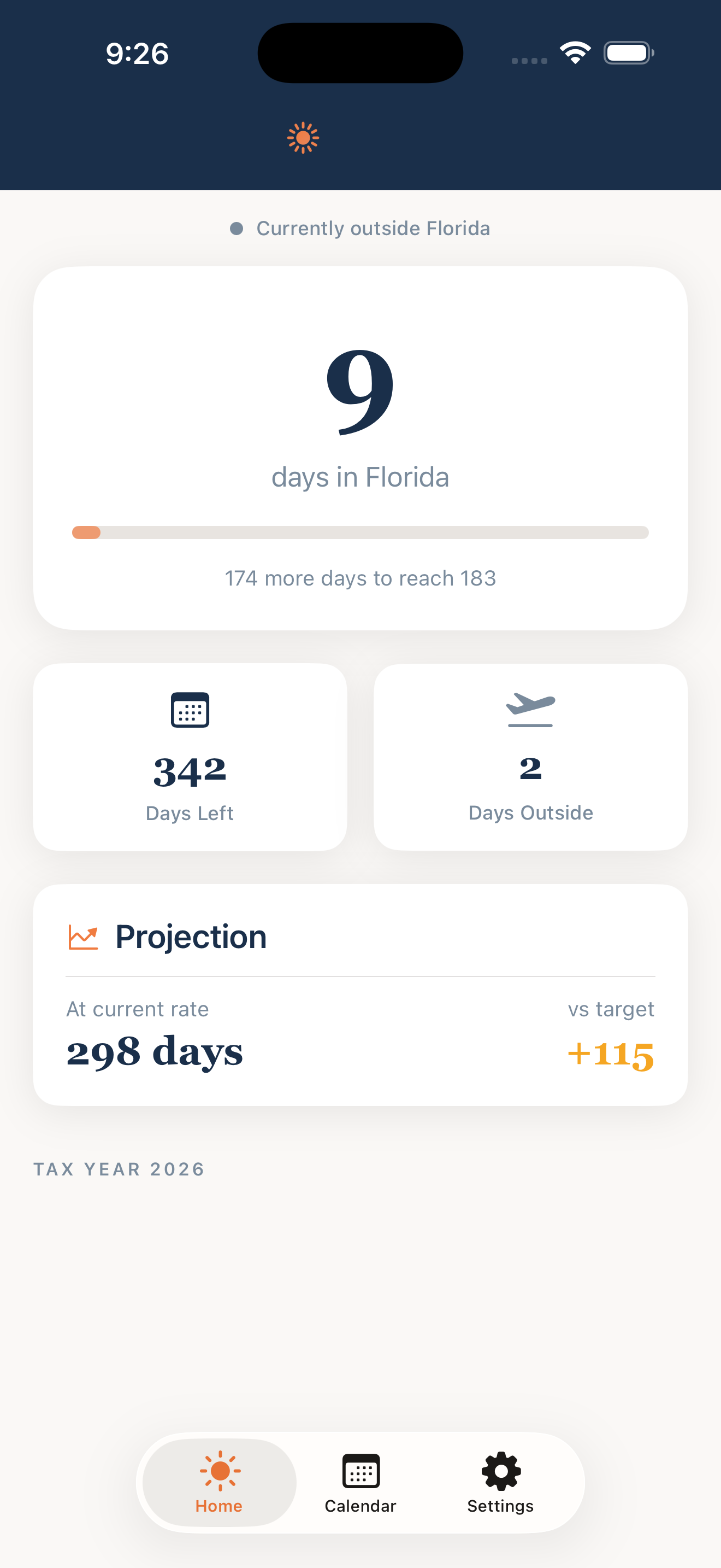 SOUTHBOUND Dashboard showing 9 days in Florida